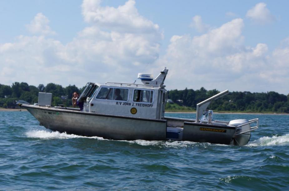 An aluminum-hulled boat throwing wake in Lake Erie. A woman peeks out of the front of the boat.